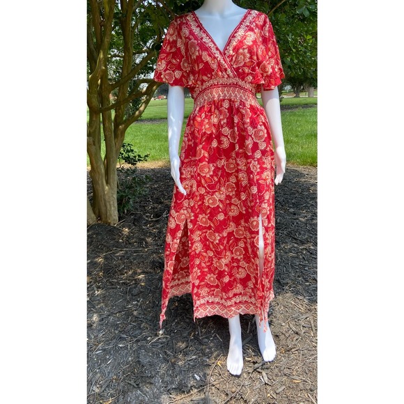 Angies Red Floral Printed Maxi Dress Bohemian Elegance for Spring* Size MED WD46 - Picture 3 of 14